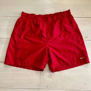 Nike Men’s Red Swim Trunks Mesh Lining White Embroidered Swoosh Drawstring Sz XL